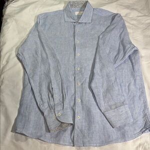 Toscano Firenze 100% Linen Shirt Mens Large Light Blue Button Up Coastal Preppy